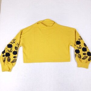Mustard Yellow Embroidered Floral Balloon Sleeve Cropped Sweatshirt 2XL‎